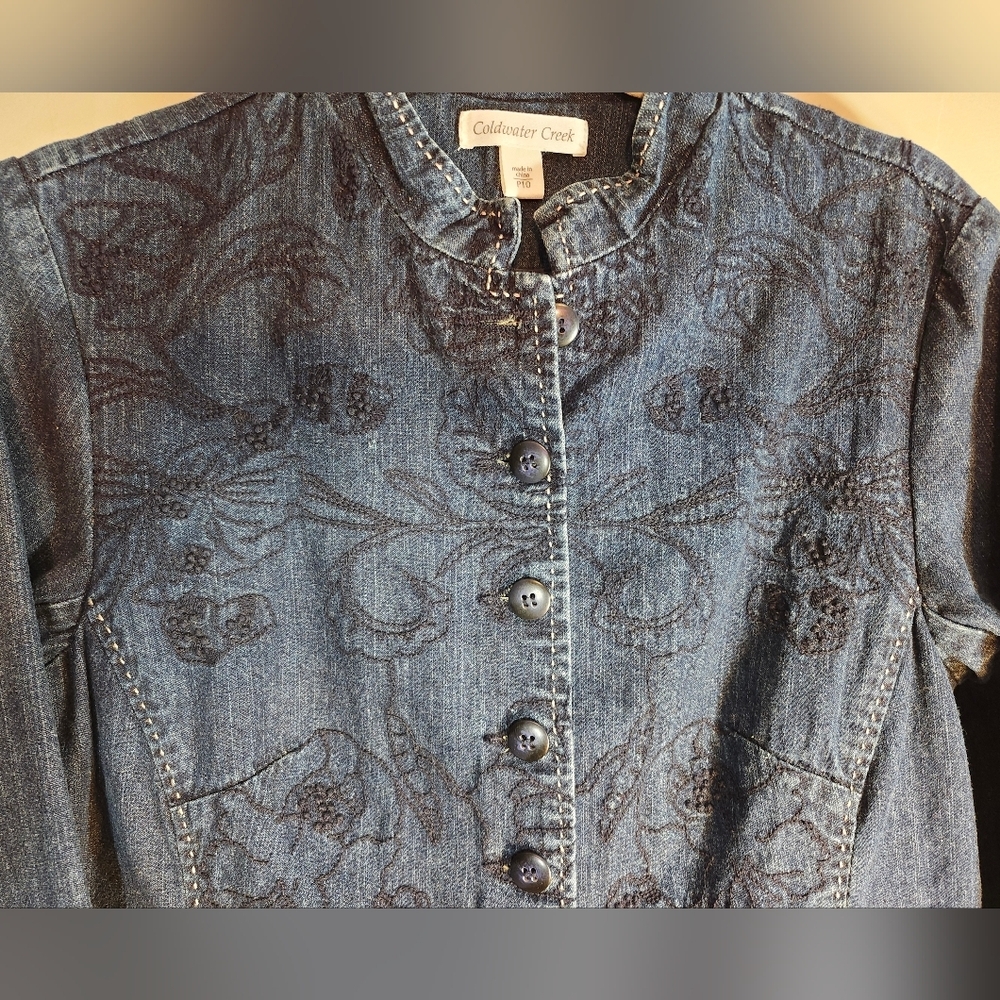 Coldwater Creek Dark Blue Embroidered Jean Fitted Jacket Sz 10p - Picture 3 of 9